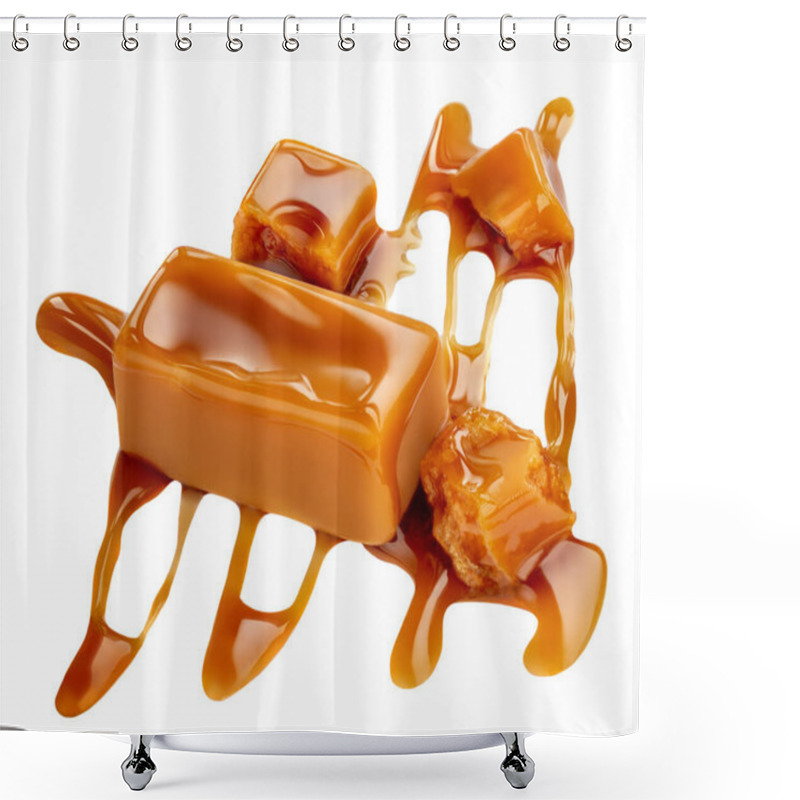 Personality  Composition Of Soft Caramel Candies Isolated On White Background, Top View. Sweet Caramel Pieces With Sauce Or  Maple Syrup  Shower Curtains