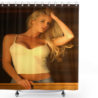 Personality  Sultry Blonde Dark Background Copy Space Shower Curtains