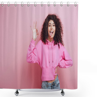 Personality  Cheerful Bi-racial Girl Sticking Out Tongue And Showing Okay Gesture On Pink Background Shower Curtains