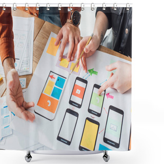 Personality  Cropped View Of Developers Creative User Experience Design Of Mobile Website With Layouts On Table Isolated On Grey Shower Curtains