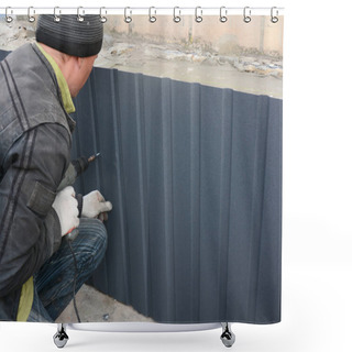 Personality  Foundation Wall Repair And Renovation  With Installing Metal Sheets For Waterproofing And Protect From Rain.  Shower Curtains