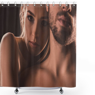 Personality  Sensual Lovers Embracing And Looking At Camera, On Brown Shower Curtains
