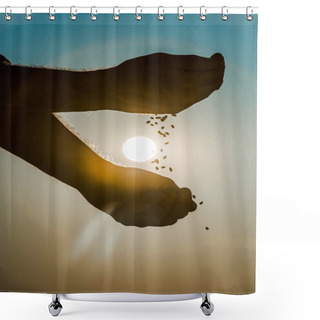 Personality  Cropped View Of Senior Farmer Throwing Seeds Shower Curtains