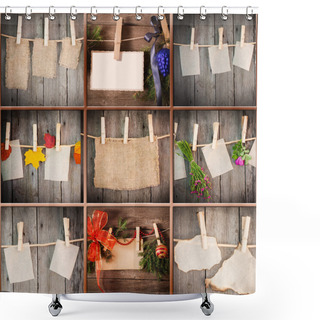 Personality  Collage On Wooden Background Shower Curtains