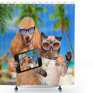 Personality  Dog With Cat Taking A Selfie Together With A Smartphone Shower Curtains