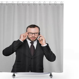 Personality  Concerned Young Businessman Talking On Phone  Shower Curtains