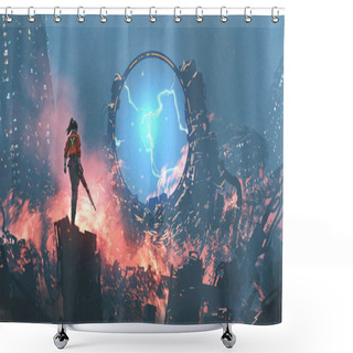 Personality  Girl With A Gun Looking At The Destroyed Futuristic Portal In Ruin City, Digital Art Style, Illustration Painting Shower Curtains