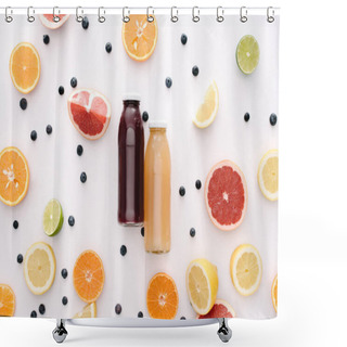 Personality  Top View Of Glass Bottles Of Fresh Juice With Citrus Fruits Slices On White Surface Shower Curtains