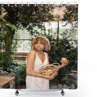 Personality  Stylish Young African American Woman In Summer Dress Holding Basket With Fresh Lemons And Standing In Blurred Garden Center At Background, Trendy Woman With Tropical Flair, Summer Concept Shower Curtains