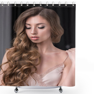 Personality  Portrait Of Tender Girl With Long Hair And Closed Eyes Shower Curtains