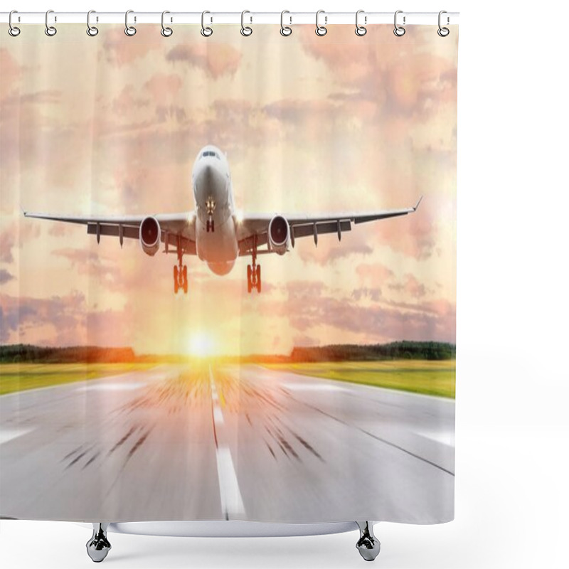 Personality  Passenger airplane landing at sunset on a runway. shower curtains