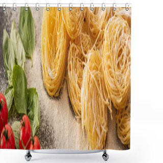 Personality  Raw Italian Capellini With Vegetables And Flour On Black Background, Panoramic Shot Shower Curtains