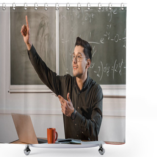 Personality  Male Teacher Sitting At Desk, Pointing Finger In Air And Explaining Equations In Maths Classroom Shower Curtains