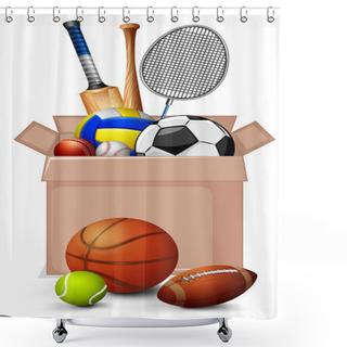 Personality  Cardboard Box Full Of Sport Equipments On White Background Shower Curtains