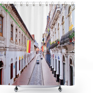 Personality  Streets Of Cuenca Ecuador During The Festivities With City Flags Shower Curtains