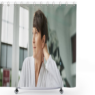 Personality  Relaxed Pose, Joyful Mature Woman In White Robe Looking Away, Indoor Spa Center, Tranquil, Banner Shower Curtains