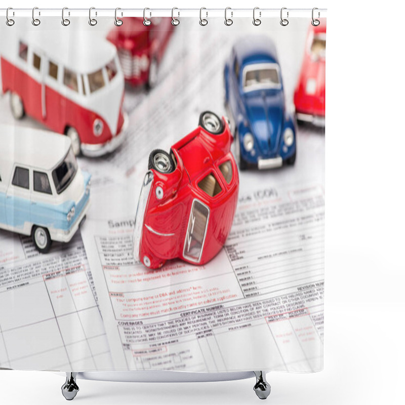 Personality  Selective Focus Of Colorful Toy Cars On Insurance Documents  Shower Curtains
