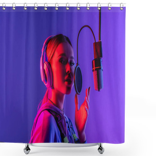 Personality  Young Singer In Wireless Headphones Singing Song In Microphone On Purple  Shower Curtains