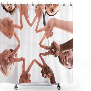 Personality  Bottom View Of Multiethnic Volunteers Showing Peace Gesture  Shower Curtains