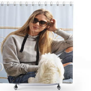 Personality  Blonde Woman Sunglasses With White Puppy Shower Curtains