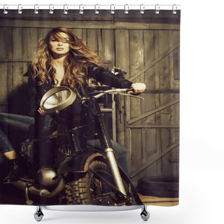 Personality  Pretty Girl Biker In Leather Jacket Sitting On Vintage Motorcycle Shower Curtains