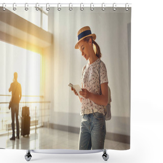 Personality  Young Woman Waiting For Flying At Airport At Window With Suitcas Shower Curtains