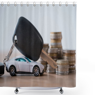 Personality  Miniature Car, Car Keys And Metal Coins On Wooden Surface Isolated On Grey Shower Curtains