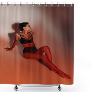 Personality  Full Length Of Tattooed Woman In Sexy Underwear Sitting On Pale Red Background With Shadow Shower Curtains