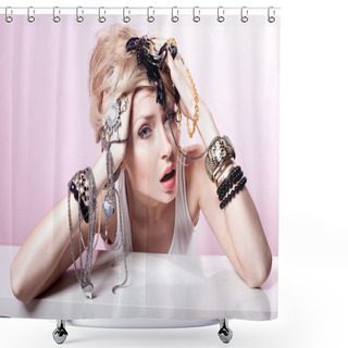 Personality  Blonde Girl With Jewelery Posing. Shower Curtains