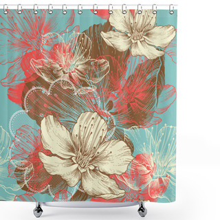 Personality  Seamless Floral Background With Flowers Apple, Hand Drawing, Vector. Shower Curtains