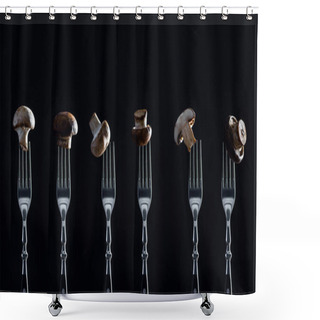 Personality  Row Of Champignon Mushrooms On Forks Isolated On Black Shower Curtains