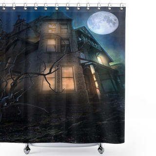 Personality  Haunted House Under Moon, Mysterious, Gloomy, Witches' Fantasy And Enchantment Atmosphere. Dark Night. Mystery. Lights On. Old House, House In The Forest. Shower Curtains