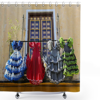 Personality  Traditional Flamenco Dresses At A House In Malaga, Andalusia, Sp Shower Curtains
