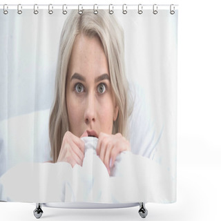 Personality  Afraid Woman Covering With Blanket In Bed Shower Curtains