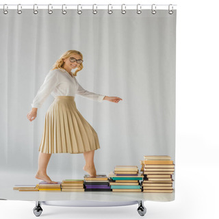 Personality  Smiling Woman In Glasses Walking On Steps Made Of Books   Shower Curtains