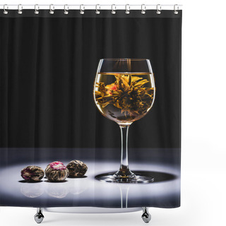Personality  Glass Of Chinese Flowering Tea With Tea Balls On Table Isolated On Black Shower Curtains