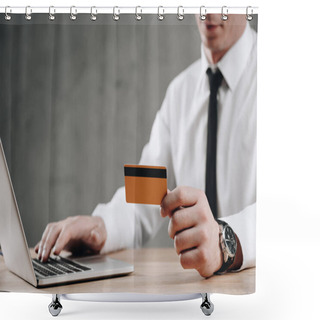 Personality  Cropped Shot Of Businessman Holding Credit Card And Using Laptop Shower Curtains