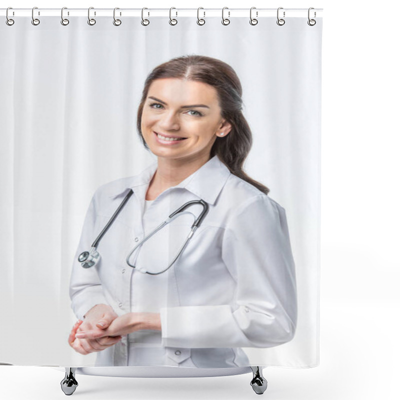 Personality  Female Doctor With Stethoscope  Shower Curtains