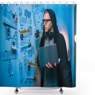 Personality  Young Serious Hacker Developing Malware With Laptop In Dark Room Shower Curtains