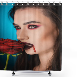 Personality  Young Creepy Woman With Blood On Face Near Red Rose On Blue Shower Curtains