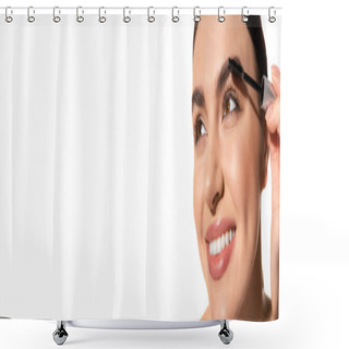 Personality  Close Up Of Happy Young Woman Holding Brush And Styling Eyebrows With Gel Isolated On White, Banner  Shower Curtains