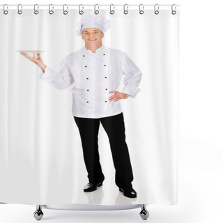 Personality  Chef Holding White Porcelain Plate Shower Curtains