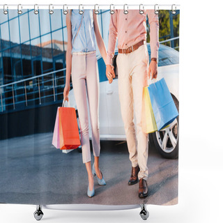 Personality  Partial View Of Married Couple With Shopping Bags Holding Hands While Walking On Street Shower Curtains