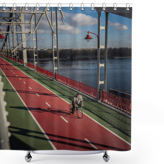 Personality  High Angle View Of Adult Man Riding Bicycle On Pedestrian Bridge Over River Shower Curtains