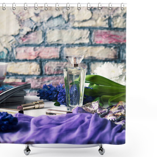Personality  Flowers, Perfume Bottle And Lipstic On Wooden Table Shower Curtains