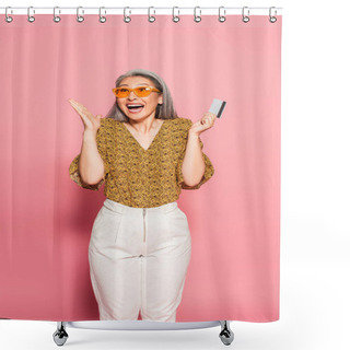 Personality  Overjoyed Asian Woman With Credit Card Showing Wow Gesture On Pink Background Shower Curtains