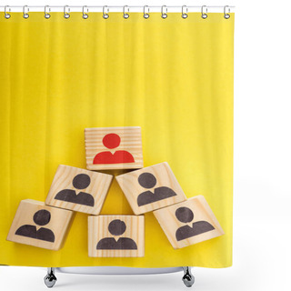 Personality  Top View Of Wooden Cubes With Red Painted Man Among Another On Yellow Background Shower Curtains