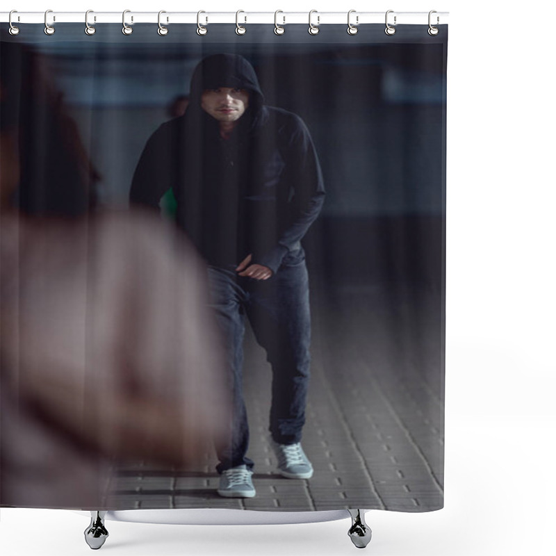 Personality  Selective Focus Of Thief Following Woman In Underpass Shower Curtains