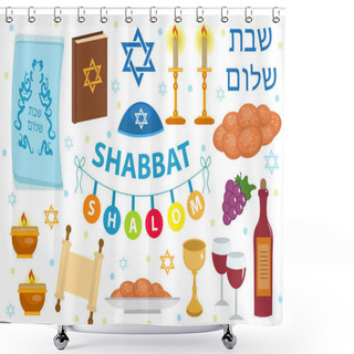Personality  Shabbat Shalom Icon Set, Flat, Cartoon Style. Collection Of Jewish Holidays Symbol, Design Elements, Judaism Concept. Isolated On White Background. Vector Illustration. Shower Curtains
