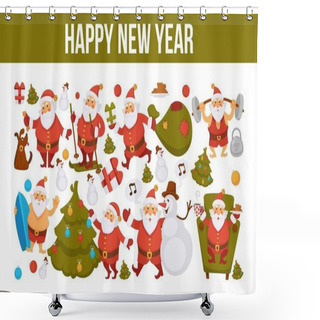 Personality  Happy New Year Cartoon Santa Celebrating Holidays Skiing With Gifts Bag Or Summer Ocean Surfing. Funny Santa Character Icons Decorating Xmas Tree Shower Curtains